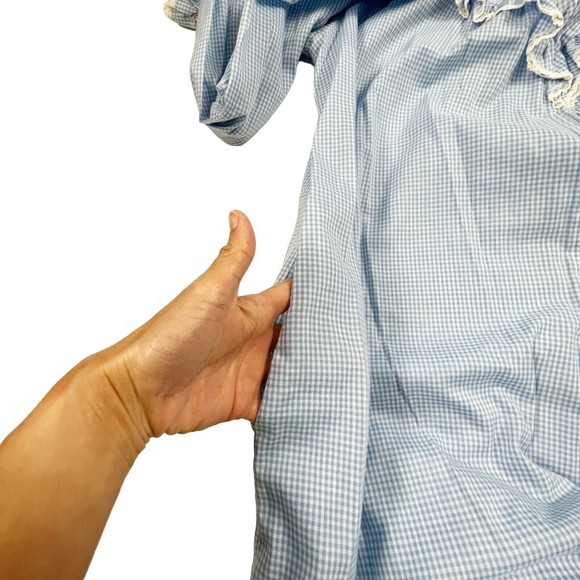 Vtg Handmade Nightgown Pleated Bib Eyelet Lace L/S Blue Gingham Zip Cottage Core - Picture 5 of 10
